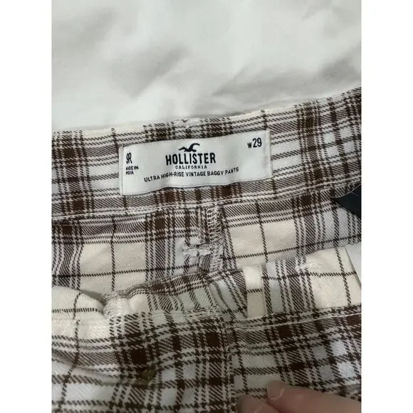 NWT Hollister Brown & White Plaid Ultra High Rise Vintage Baggy Pants Size 9 29w - Picture 5 of 7